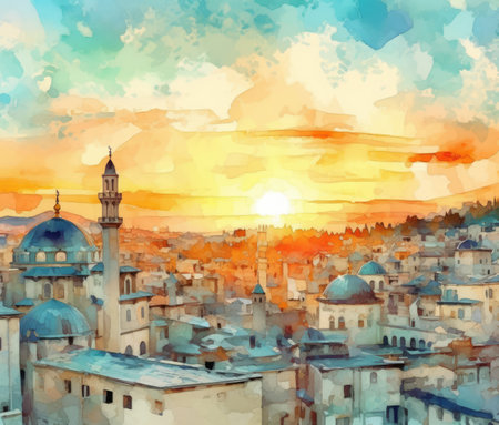 Watercolor Sunset over the old city.の素材