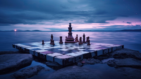 Chess on the beach in the evening. The concept of strategyの素材