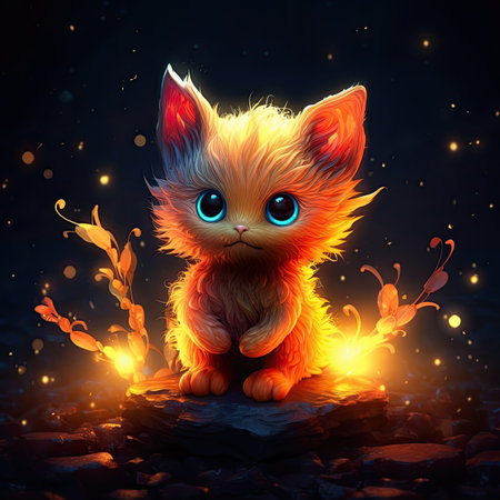 Funny kitten sitting on a rock in a dark forest. Halloween concept.の素材