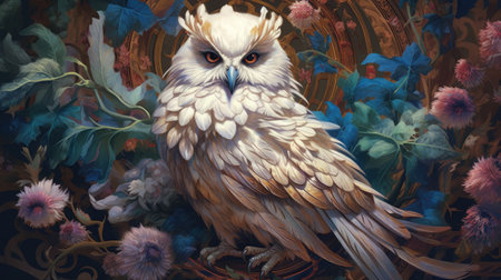 an owl sitting on a branch of a wild plantの素材