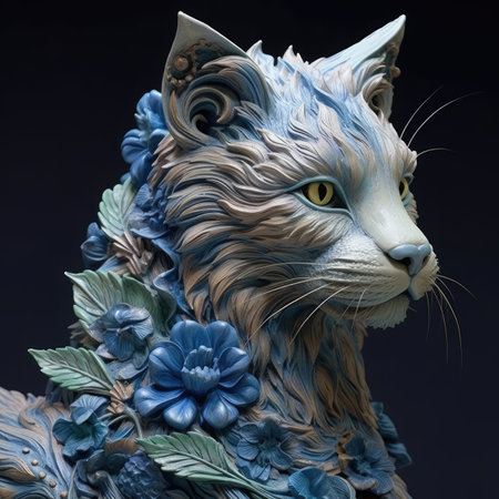 Ceramic statuette of a cat with blue flowers on a black backgroundの素材