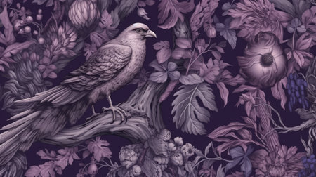 Watercolor pattern with a bird on a purple background.の素材
