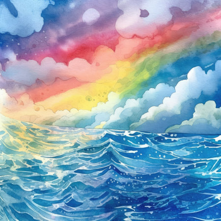 Watercolor sea waves and rainbow.の素材