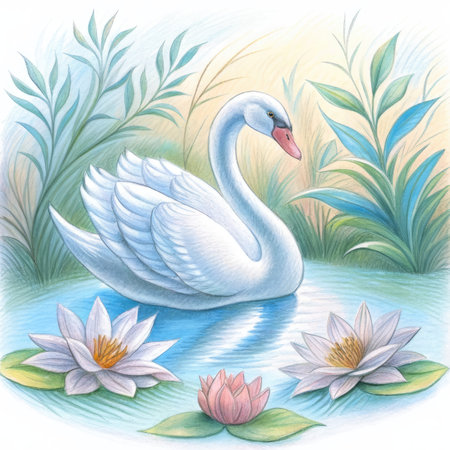 a white swan and water lily flowers.の素材