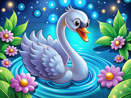 a swan on a blue background with flowers and starsの素材
