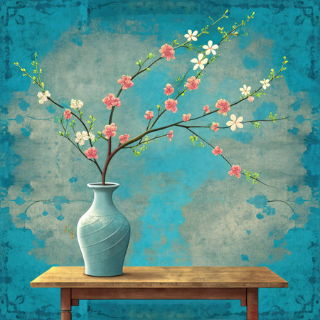 Vase with cherry blossom flowers on a wooden table over grunge backgroundの素材