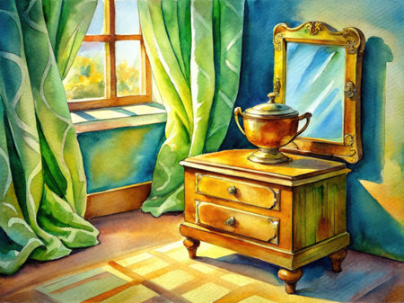 Watercolor illustration of a vintage chest of drawers with a mirror and a windowの素材