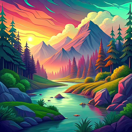 Mountain landscape with river and forest at sunset.の素材