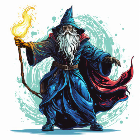 Old wizard with a magic wand in his hand.の素材