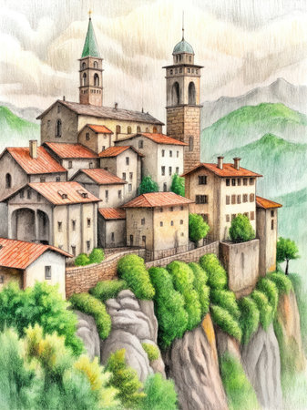 Watercolor medieval village in the mountainsの素材
