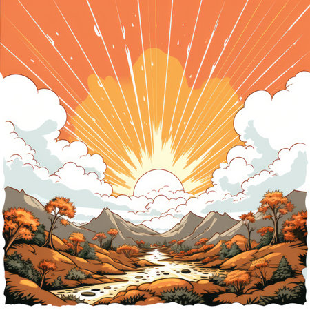 Autumn landscape with river and mountains.の素材