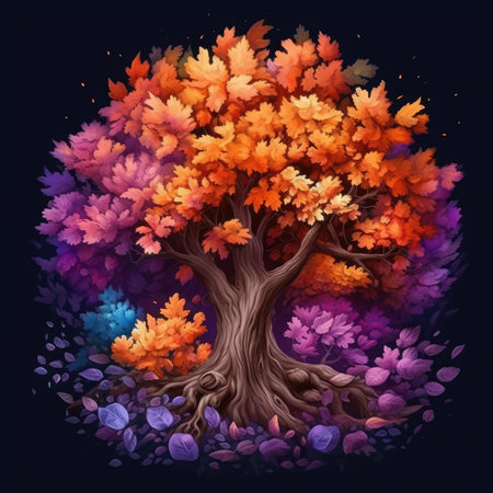 Autumn tree with colorful leaves on dark background.の素材