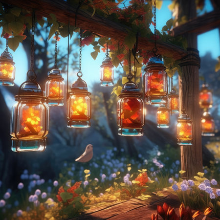 Candle lanterns in the garden at sunsetの素材