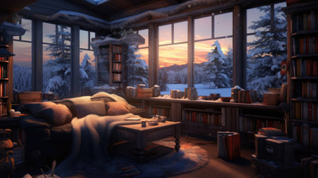 an interior of a cozy house in the mountainsの素材