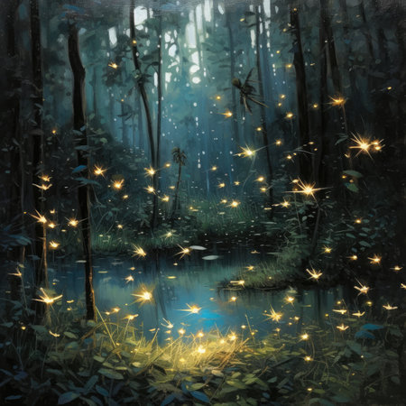 Beautiful night forest with reflection on water.の素材