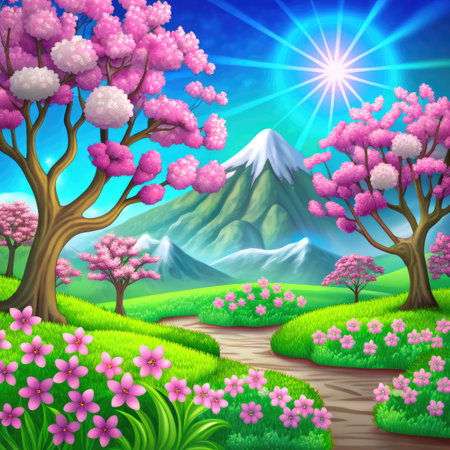 Spring landscape with blooming cherry trees and mountain.の素材