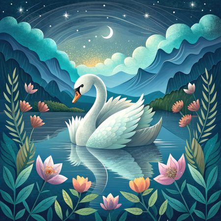Beautiful swan on the lake at night.の素材