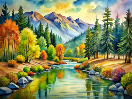 Watercolor autumn landscape with river, forest and mountains.の素材