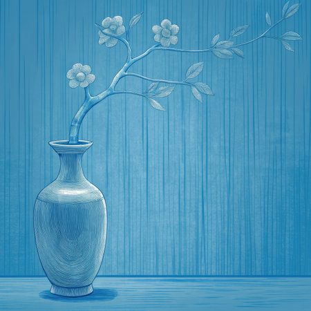 Vase with flowers on a blue wooden background.の素材
