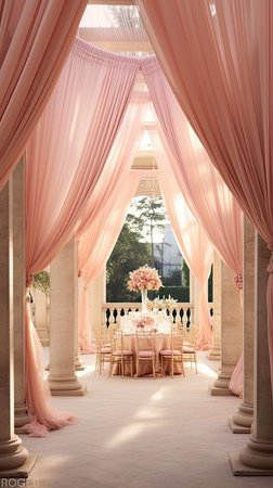 Wedding arch with pink curtains and chairs.の素材