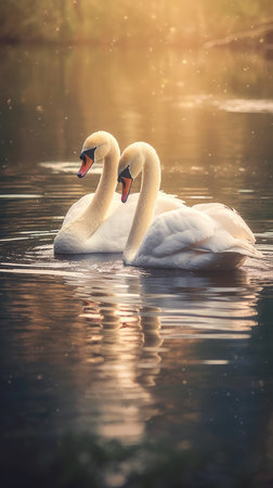 Two graceful white swans swimming on the lake in the rays of the setting sunの素材