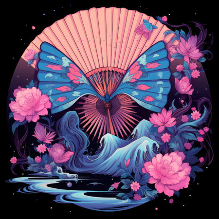 a hand fan with flowers and butterflies on a dark backgroundの素材