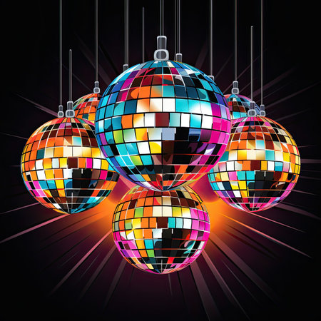 Colorful disco balls on black background.の素材