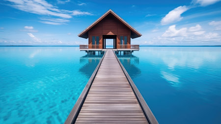 Wooden bungalow on the water with blue sky and cloudsの素材
