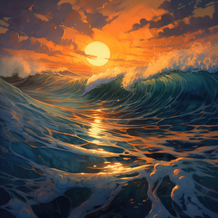 Beautiful sunset on the ocean with waves and sun.の素材