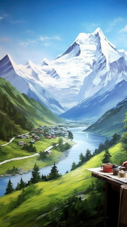Beautiful landscape of mountains with lake and village.の素材