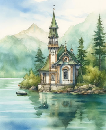 Watercolor church on a lake in the mountains.の素材