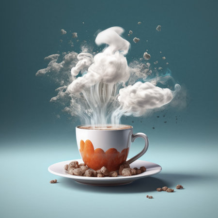 Cup of coffee with clouds on blue background.の素材