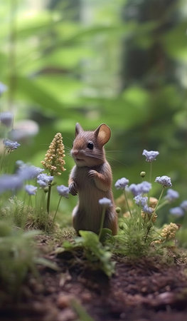 Squirrel in the forest with flowers. Animal in the nature.の素材