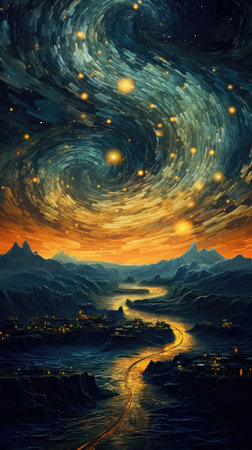 Fantasy landscape with mountain, river and night sky with stars.の素材
