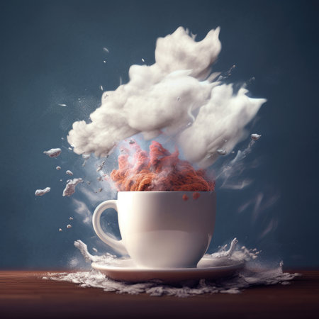 Coffee cup with steam on wooden table and blue background.の素材