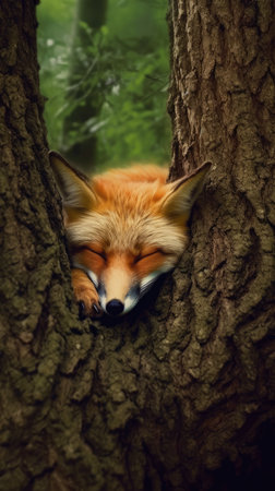 Red fox in a tree in the forest. Wild animal in nature.の素材