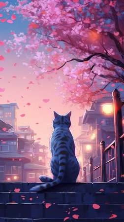 Cherry blossom and cat in the city.の素材
