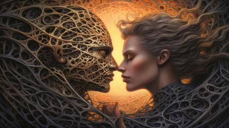 Conceptual image of a man and a woman facing each otherの素材