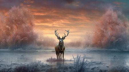 Majestic red deer stag in winter landscape at sunset.の素材