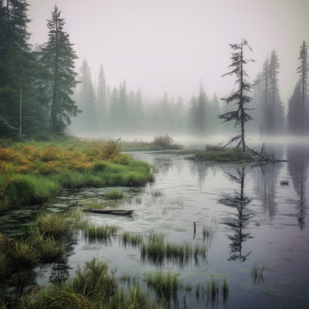 Foggy morning on a lake in the mountainsの素材