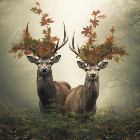 Two deer with antlers and autumn leaves in foggy forest.の素材