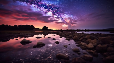 Milky Way over a lake with rocks in the foreground at sunsetの素材