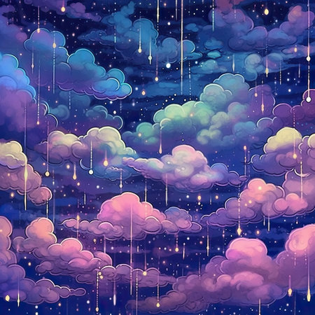 Watercolor pattern with clouds, rain and stars.の素材