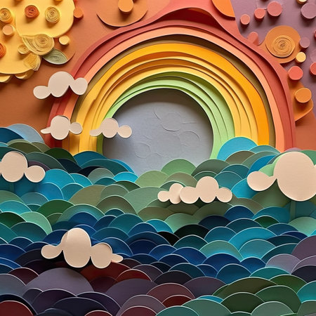 Paper cut rainbow and clouds. Paper craft backgroundの素材