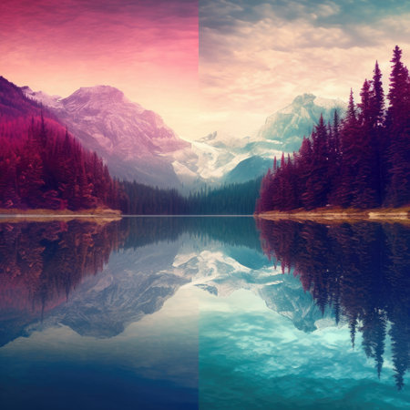 Mountain lake at sunset. Colorful summer landscape. Nature composition.の素材