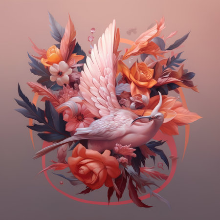 Bouquet of flowers with a bird on a pink background.の素材