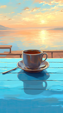 Cup of coffee on the edge of the pool.の素材