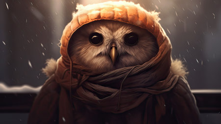 Owl in winter clothes in the snowfall.の素材