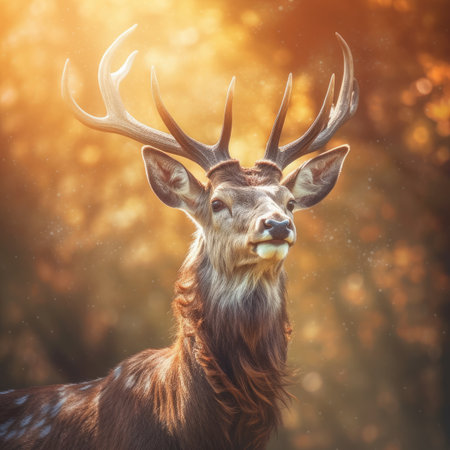 Portrait of a deer with antlers in the forest. Autumn season.の素材