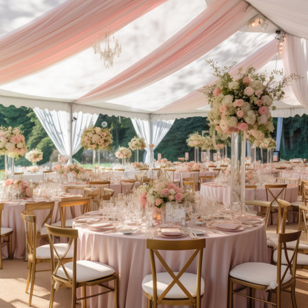 Wedding table set up with pink tablecloth and white chairsの素材
